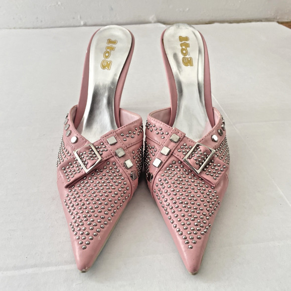 Y2K Pink Studded Pointed Toe Stiletto Mules Heels Buckle Detail 38 Glam Western - Picture 1 of 10